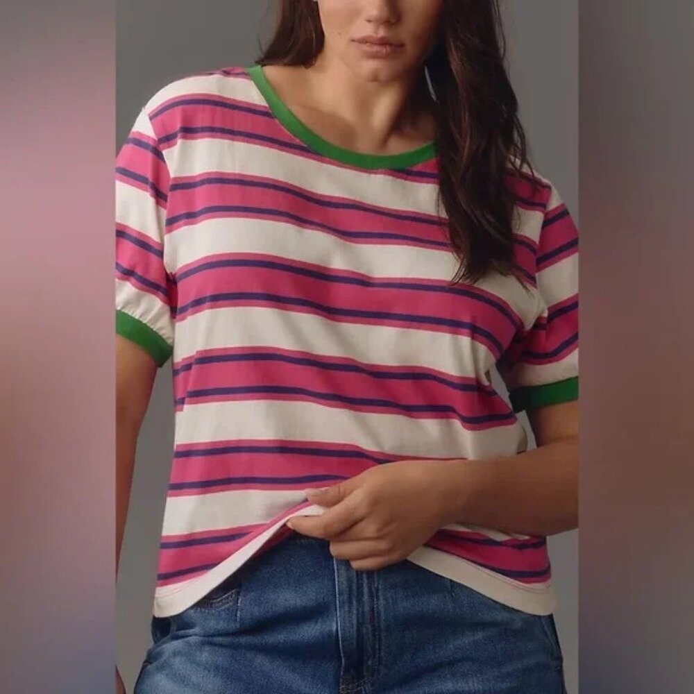 Anthropologie‎ Pilcro Pink White Striped Short Sleeve Tee